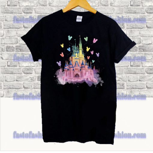 Colorful Watercolor Castle and Mickey Balloons T Shirt SS