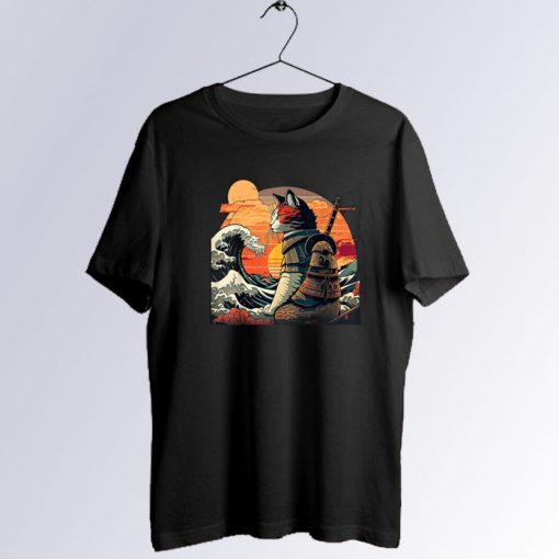 Retro samurai Cat With Wave T shirt